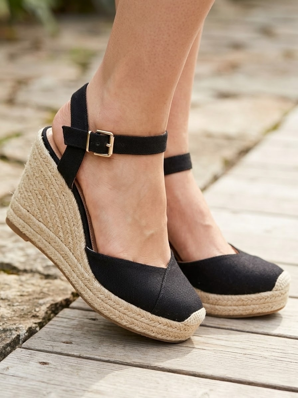 Time and Tru Black Espadrille Wedge Sandals with Ankle Strap